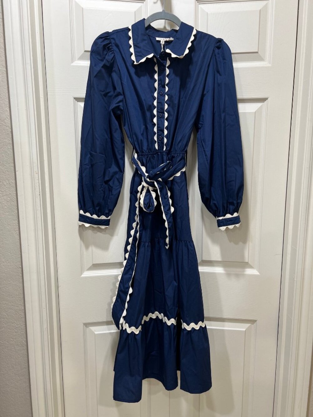 Women’s Jodifl Navy Blue Midi Dress Cream Ric Rac Trim Puff Sleeve Belted Medium